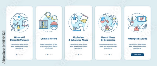 Fototapeta Personal history of violence onboarding mobile app page screen with concepts. Gun control guidelines walkthrough 5 steps graphic instructions. UI vector template with RGB color illustrations