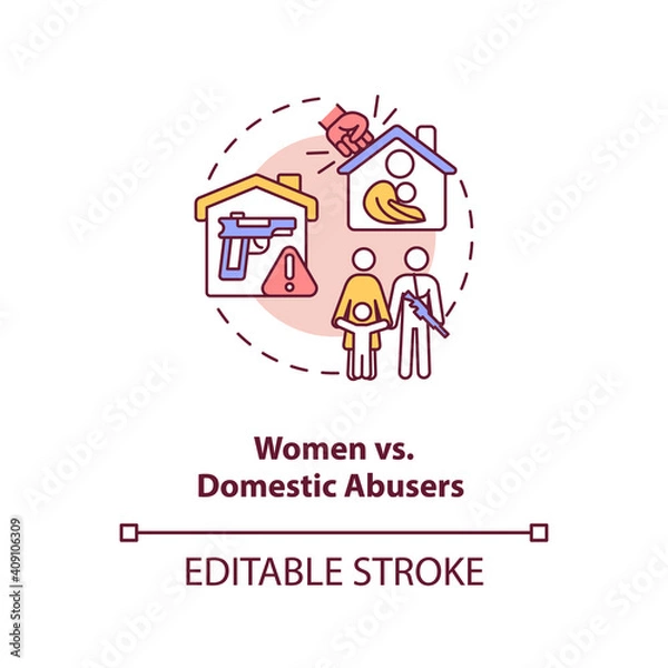 Fototapeta Women vs domestic abusers concept icon. Gun violence. Life risk. Hate crime. Weapon control for civilian safety idea thin line illustration. Vector isolated outline RGB color drawing. Editable stroke