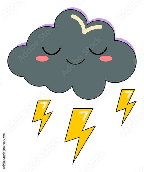 Fototapeta A gray cute cartoon cloud with an emoji face and smiles with lightning. Suitable for highlights, sign, icon, sticker. The element is isolated, on a white background.