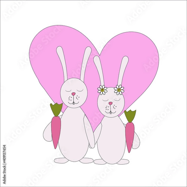Fototapeta Rabbits enamored characters vector. Couple of rabbits with carrots on the background of the heart 
