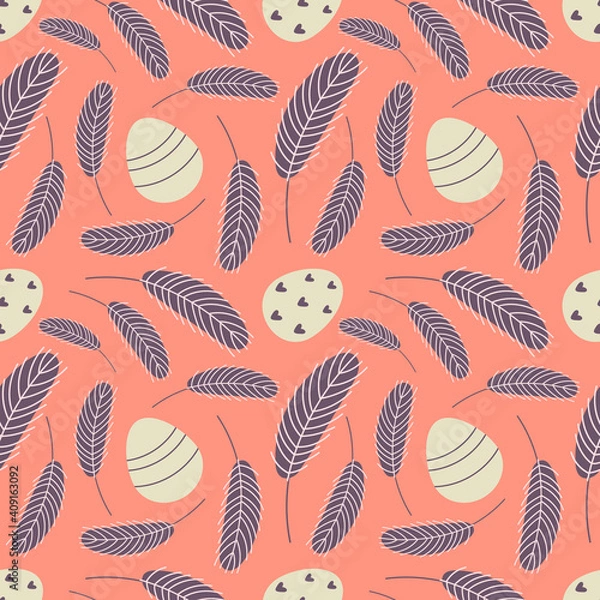 Fototapeta Eggs and feathers Easter seamless pattern. Design for Easter, textile, paper, printing, scrapbooking, greeting cards. Vector illustration
