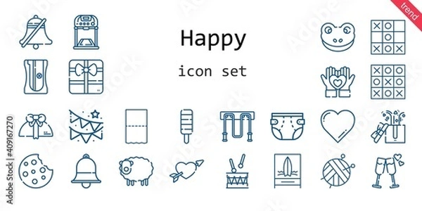 Fototapeta happy icon set. line icon style. happy related icons such as gift, garland, cookie, drum, bell, heart, popsicle, jumping rope, cupid, ball, frog, sharpener, tic tac toe, beach