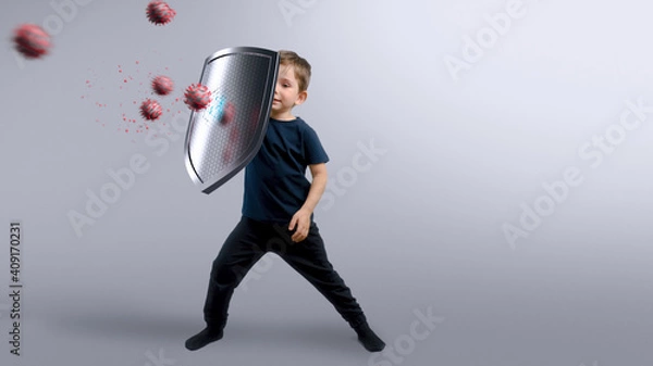 Fototapeta Child defends from viruses using a shield. Healthy immune system, protection against viruses.