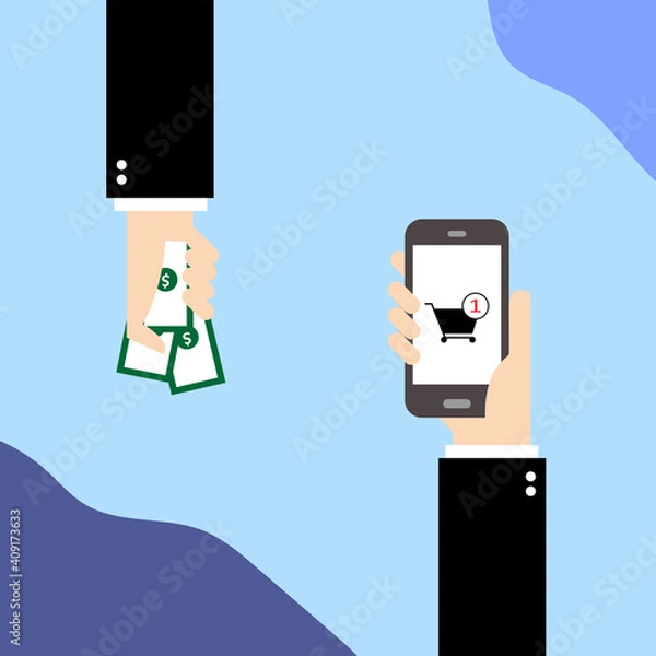 Fototapeta Hand holding smartphone with a cart or basket sign on a screen opposite with hand-holding banknote on the blue background using for bank transfer, online shopping, e-commerce concept.