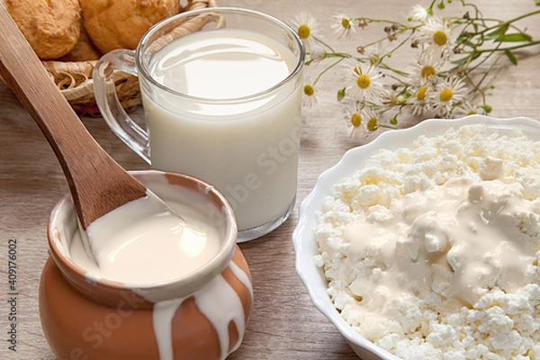 Obraz Natural homemade milk, sour cream, fresh curd. Healthy breakfast in a rustic style. Dairy.