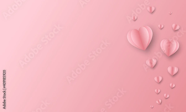 Fototapeta Illustration paper art of soft pink heart and shadow float on soft pink background using for Valentine day, love couple concept, paper cut and craft style for card and poster with copy space for text.