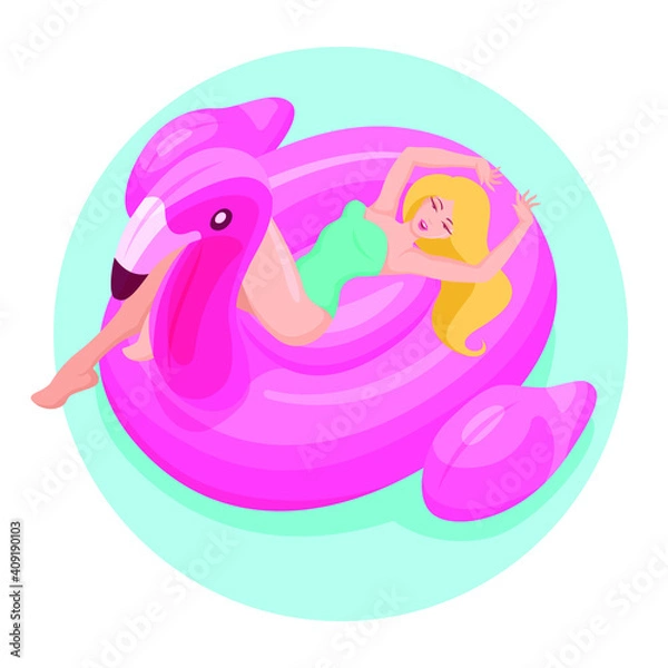 Fototapeta Woman swimming on pink flamingo float circle in blue ocean waves. Vector illustration