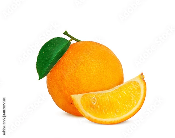 Obraz ripe orange on a branch with green leaf on a white background