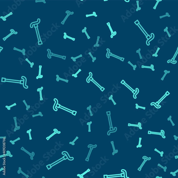 Fototapeta Green line Walking stick cane icon isolated seamless pattern on blue background. Vector.