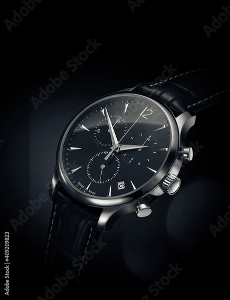 Obraz Close up view of automatic watch on black background with leather belt

