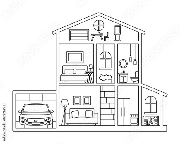 Obraz Illustration for coloring book - Cross section of cottage house with furniture, attic and car in garage. Inside paper house - contour black and white picture, coloring game