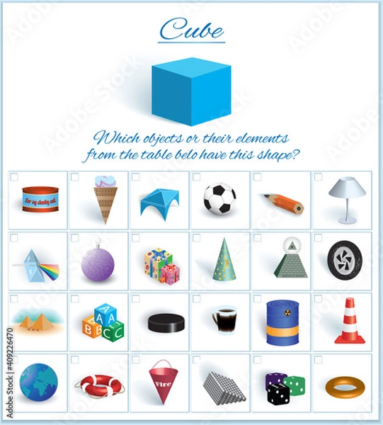 Fototapeta Cube. Logical task. Volumetric geometrical figure with examples of such objects form