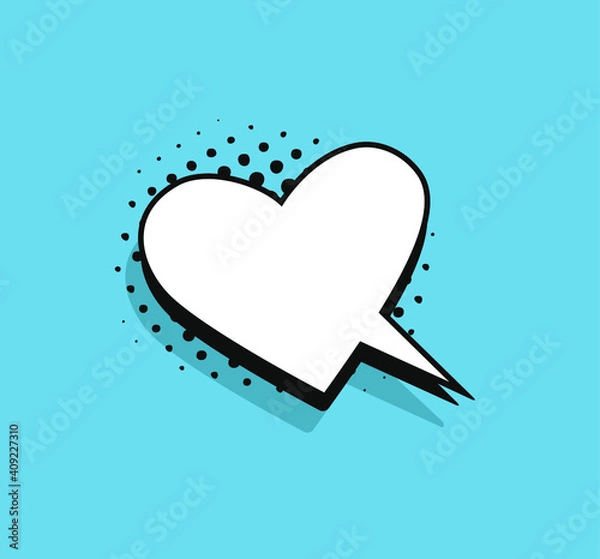 Fototapeta Pop art heart speech bubble without text. Cartoon style vector collection of frames. Comic illustration on blue background