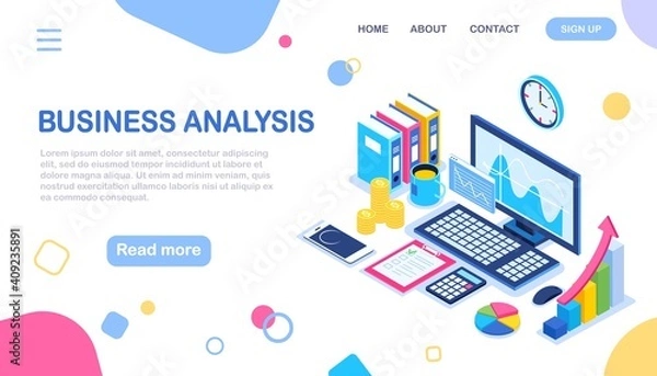 Fototapeta Data analysis. Digital financial reporting, seo, marketing. Business management, development. Vector illustration
