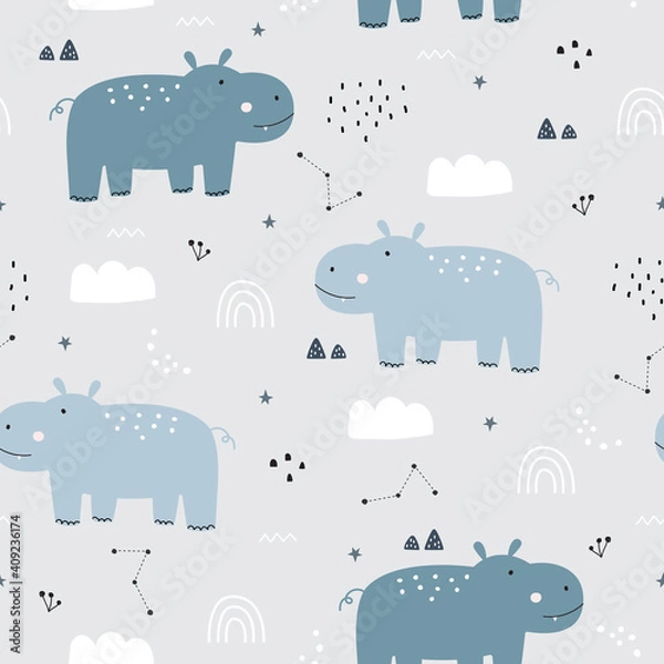 Fototapeta Seamless pattern Cartoon animal background with hippo and sky Simple design, hand-drawn in children's style, used for Print, wallpapers, decoration, textiles Vector illustration