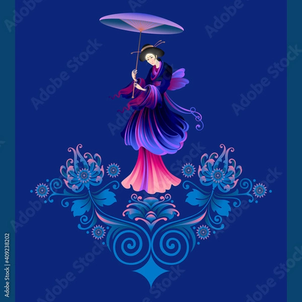Fototapeta The stylized image of a Japanese girl. Geisha. Pattern of flowers and lines on a dark background
