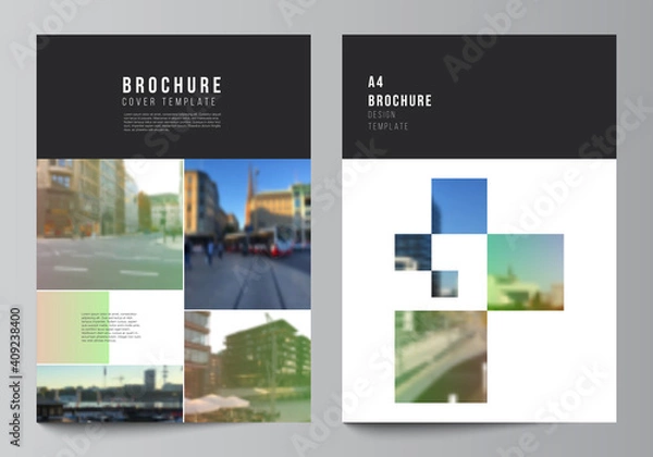 Fototapeta Vector layout of A4 cover mockups design templates for brochure, flyer layout, booklet, cover design, book design, brochure cover. Abstract project with clipping mask green squares for your photo.