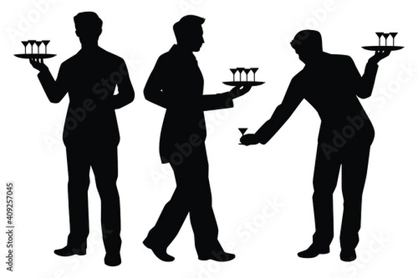 Obraz Set of waiter in restaurant silhouette vector on white background