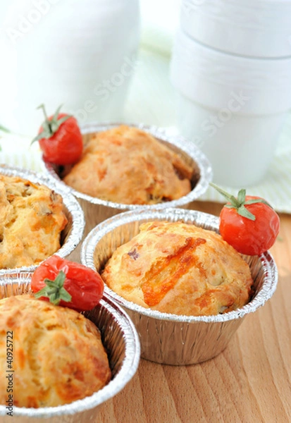 Fototapeta Muffins with dried tomatoes, cheese and ham