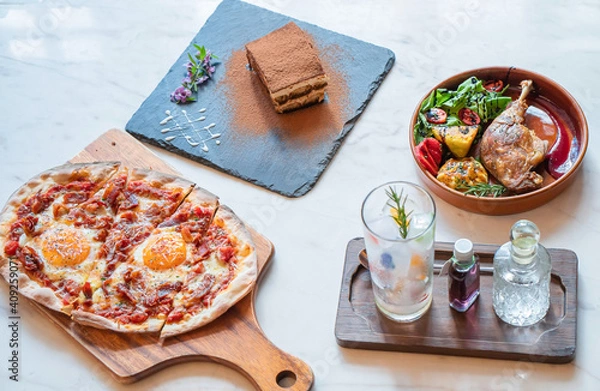 Fototapeta set menu pizza fried chicken dessert and beverage.