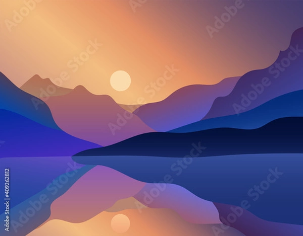 Fototapeta Flat landscape with Mountain Peaks and purple gradient sky at sunrise with reflection. Vacation and Outdoor Banner. Recreation and Meditation Seascape Concept. Serenity Vector illustration background.