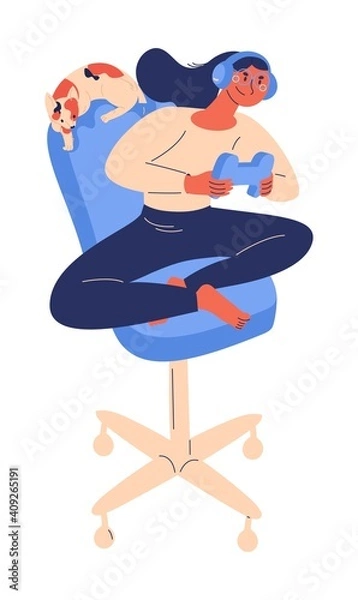 Fototapeta Young woman playing with controller sitting on chair. E-games concept character in headphones with cat isolated on white