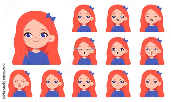 Obraz Set of cute little ginger girl with different facial expressions. Girl emotions face collection. Cartoon character design. Happy, sad, angry, surprised. Vector isolated on white background