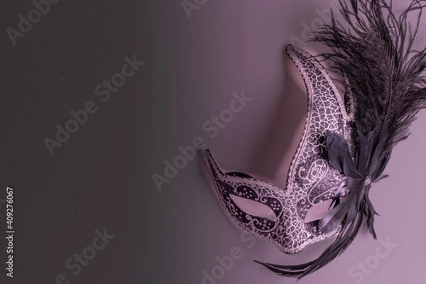 Obraz Careta de carnaval negra con adornos en negro con luz magenta 