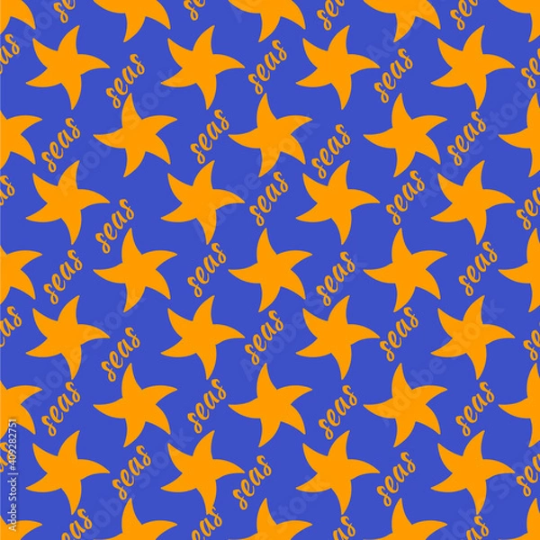 Fototapeta Best and brightest abstract stars seamless pattern. With the inscription sea. Orange on a blue background.