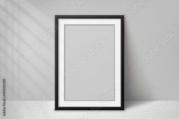 Fototapeta Mockup poster with shadow blinds from window. Mock up sheet paper. White empty blank. Vertical mockup. Light from window. Realistic reflected shadow on wall. Overlay effect. Shade jalousie. Vector