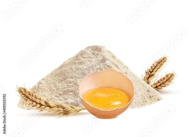 Obraz wheat flour and egg on white background