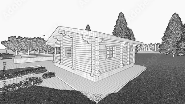 Fototapeta Bath log cabin, a log cabin in the background of fir trees. Black and white advertising image
