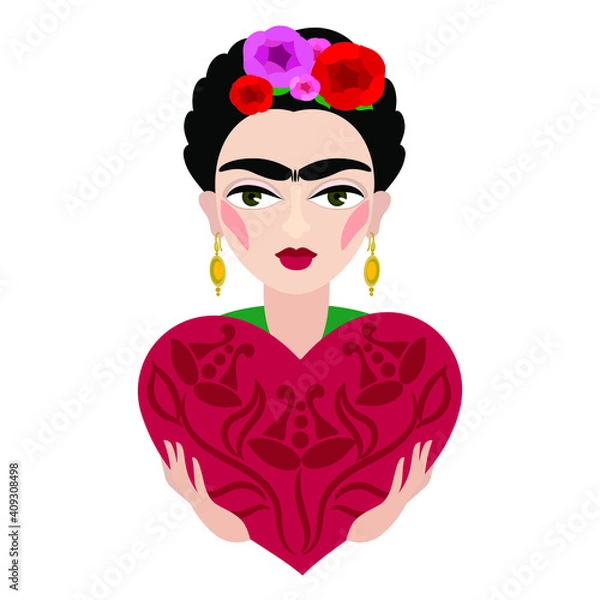 Obraz Frida Kahlo with heart. Beautiful vector illustration of woman portrait