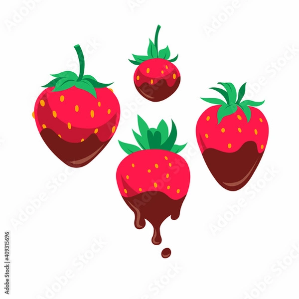 Obraz Flat colored strawberry with chocolate set