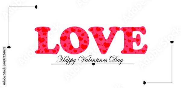 Fototapeta For Valentine's Day, the word love in pale pink, with capital letters on a white background, each letter filled with red hearts of different sizes. happy valentines day at the bottom