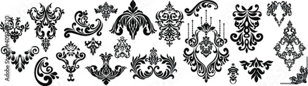 Obraz Set Vintage baroque frame scroll ornament engraving border floral retro pattern antique style acanthus foliage swirl decorative design element filigree calligraphy.