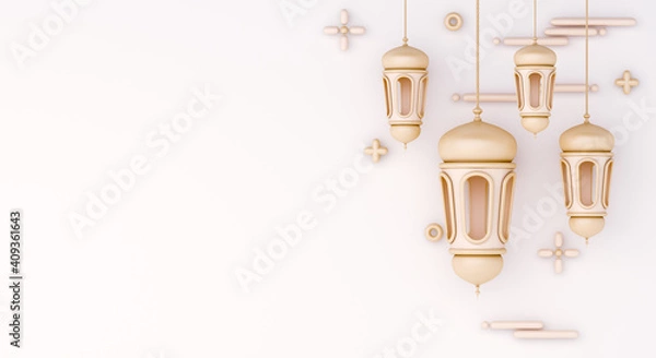 Fototapeta Islamic decoration background with lantern on white cartoon style, ramadan kareem, mawlid, iftar, isra  miraj, eid al fitr adha, muharram, copy space text area, 3D illustration.