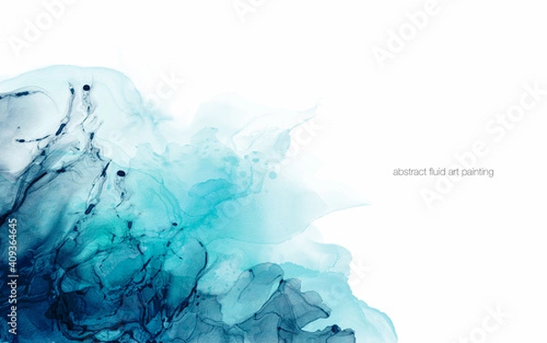 Fototapeta Abstract liquid fluid art painting background alcohol ink technique in teal blue green cool tone colors on white text space for banner, background.