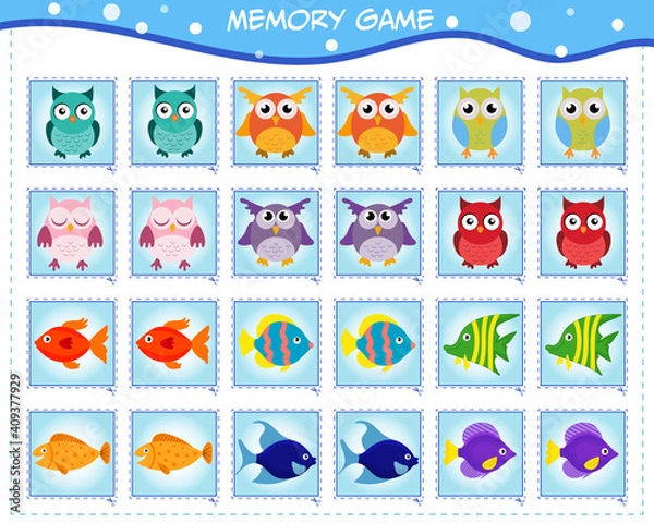 Fototapeta Memori game for children. The set includes cards with owls and fish. Find paired identical pictures