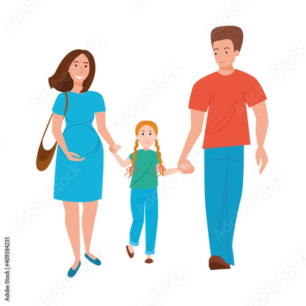Fototapeta A couple of parents walk with their daughter, holding hands. A happy family walks with a child waiting for their second child. Vector illustration in a flat style.