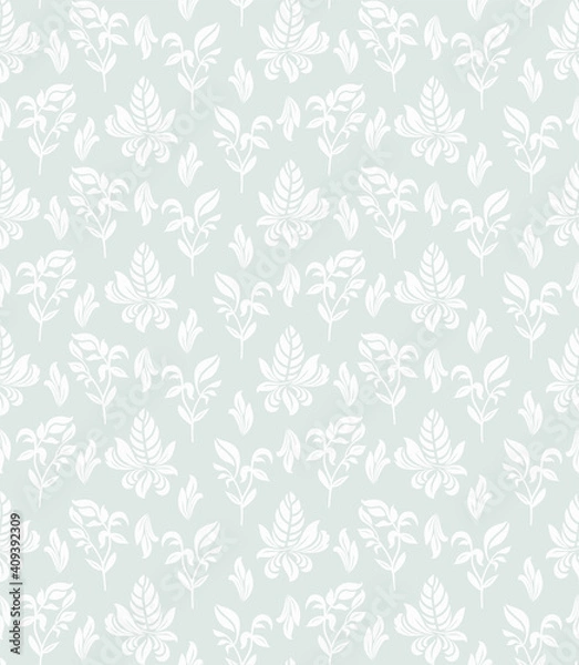 Fototapeta Seamless grey background with white leaves. Vector retro illustration. Ideal for printing on fabric or paper for wallpapers, textile, wrapping.