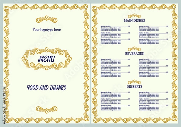 Fototapeta Restaurant menu design. Vector menu brochure template for cafe, coffee house, restaurant, bar. Vector illustration.