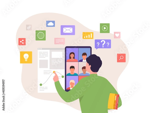 Fototapeta Man having conference call in business activity with his business team. Concept business communications, remote work, internet education.