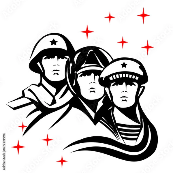Obraz A sailor, a pilot, and a soldier stand together in defense of the fatherland. Illustration for the Defender of the Fatherland holiday on February 23.