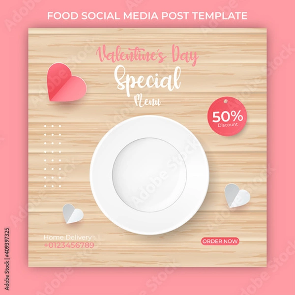 Fototapeta restaurant menu template. Valentines Day banner template. Vector illustration with pink paper hearts. food social media post or greeting card.