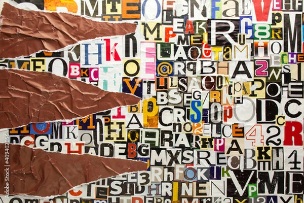Fototapeta Torn and crumpled pieces of brown paper on collage from clippings with newspaper magazine letters and numbers. Ripped brown paper on alphabet letters cutting from magazine. Copy space for text.