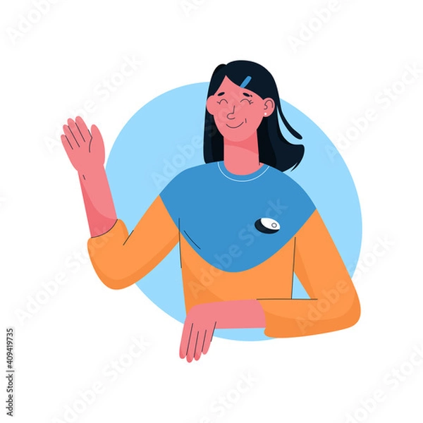 Obraz Smiling woman waving hand, greetings gesture