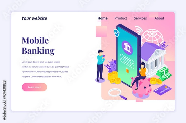 Fototapeta Modern flat isometric design concept of Online Banking with characters. electronic mobile payment for website and mobile website. Landing page template. vector illustration