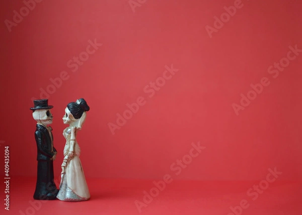 Fototapeta A close-up shot of two skeletons standing in profile. Photo for Day of the Dead, Halloween or Valentine's Day on a bright red background. Copy space