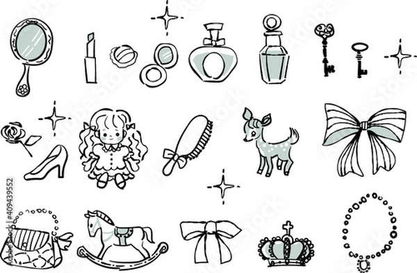 Obraz 化粧品、お人形、王冠、木馬、香水などかわいいモチーフのアイコンセット